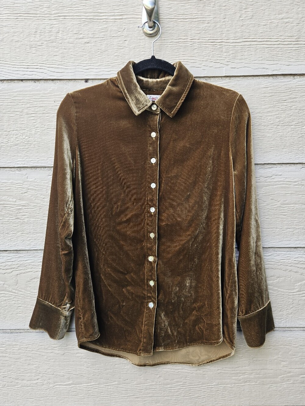 Faherty Stretch Silk Genevieve Tan Gold velvet button front shirt XS